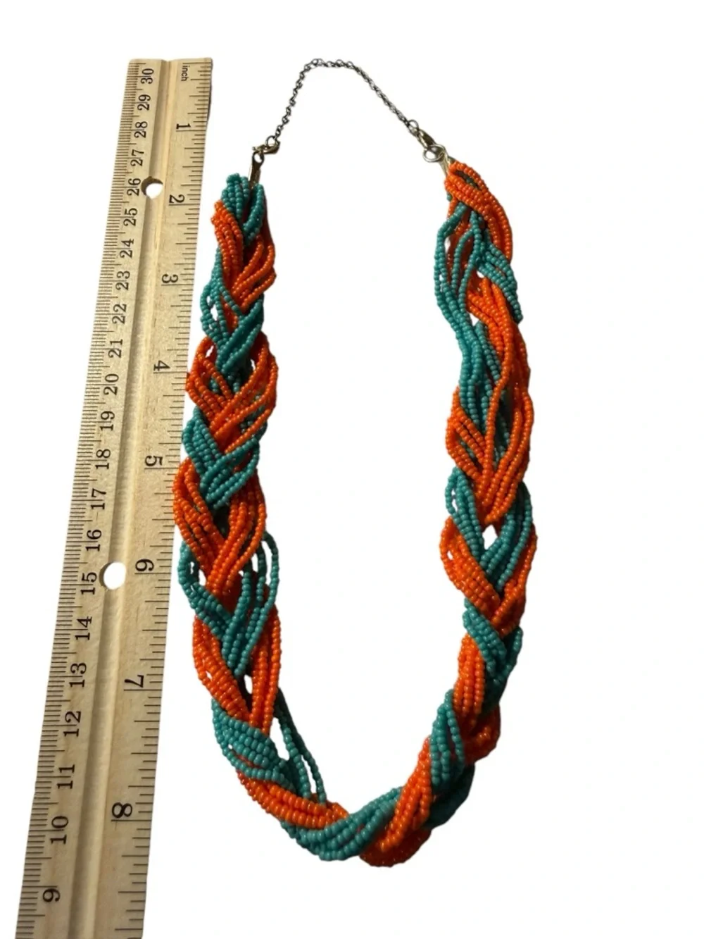 Braided Coral Orange & Teal Blue Beaded Necklace - Adjustable Chain